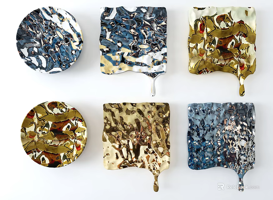 Modern Metallic Wall Decor with Round Square Shapes Gold Silver Blue Hues 3d model 