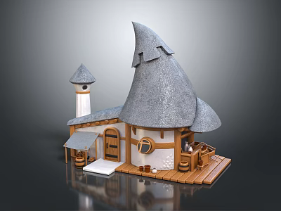 Cartoon Style Cottage With Pointed Gray Roof Small Tower Round Window And Wooden Porch 3d model