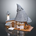 Cartoon Style Cottage With Pointed Gray Roof Small Tower Round Window And Wooden Porch