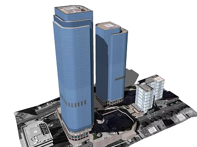 Tall Modern Office Buildings With Blue Exterior And Surrounding Urban Structures 3d model