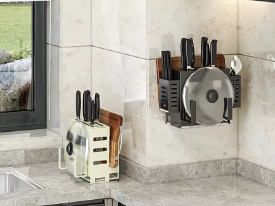 Kitchen Wall Mounted Knife Holder And Pot Lid Organizer On Marble Countertop With Window View 3d model