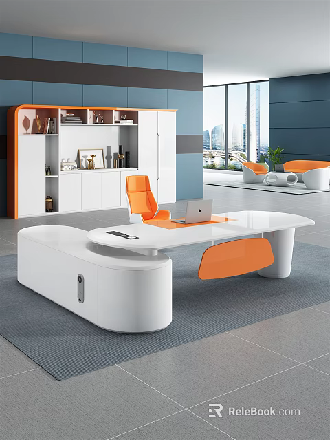 Modern White Office Desk With Orange Chair Laptop Mobile Phone And City View 3d model 