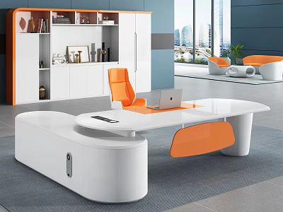 Modern White Office Desk With Orange Chair Laptop Mobile Phone And City View 3d model