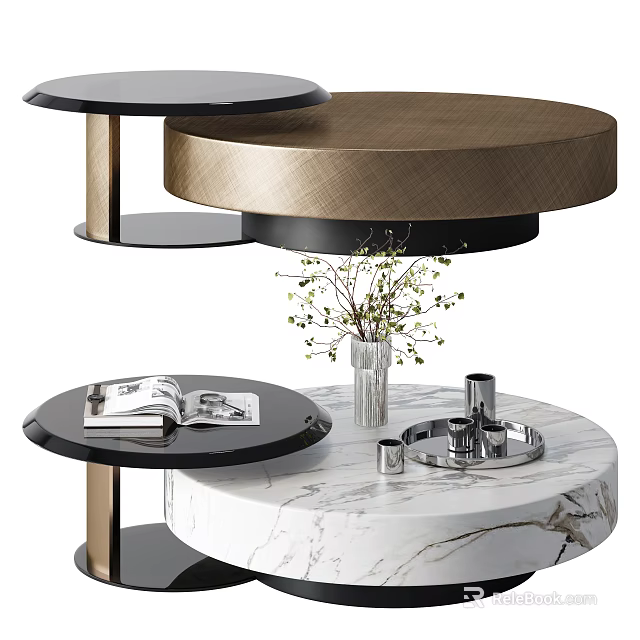 Modern Coffee Table with Marble Top Metal Legs and Decorative Vase Tray Magazine 3d model 