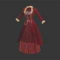 Red Long Dress with White Cuffs Chest Decoration and Lacing Layered Skirt Vintage Classic Style