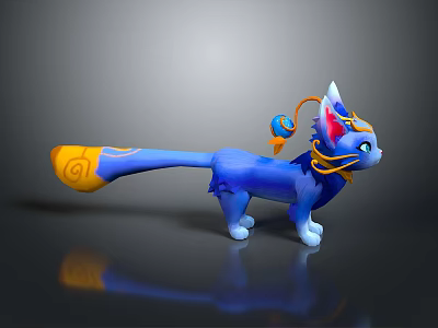 Blue Fantasy Feline Creature With Orange Decorative Tail And Collar Bell Accents 3d model