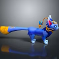 Blue Fantasy Feline Creature With Orange Decorative Tail And Collar Bell Accents