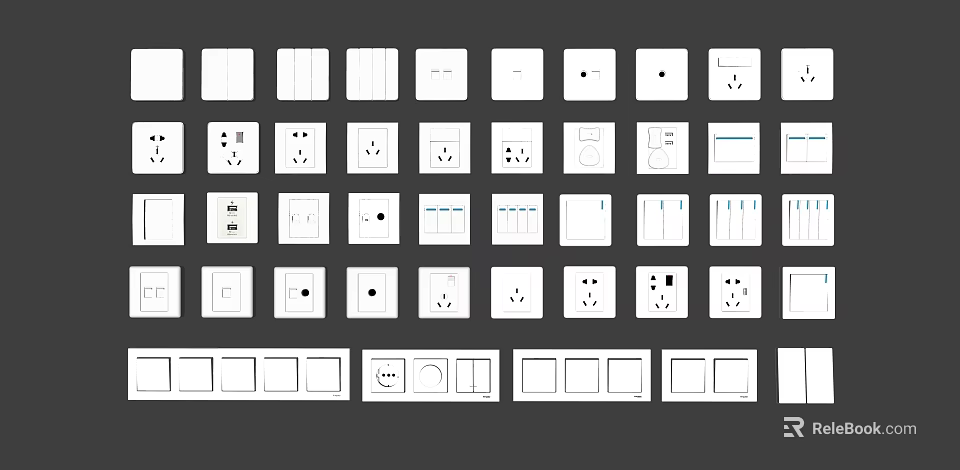 Various Modern White Switch Panels with Different Designs and Functional Layouts 3d model