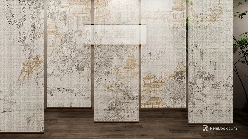 Classic Chinese Style Window Blinds Featuring Landscape Architecture Patterns For Interior Decor 3d model 