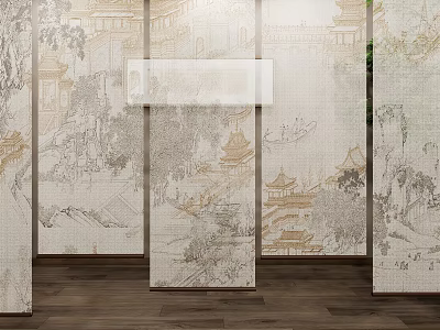 Classic Chinese Style Window Blinds Featuring Landscape Architecture Patterns For Interior Decor 3d model