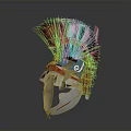 Ornate Ancient Warrior Helmet Featuring Blue Front Red Gold Trim And Feather Plume