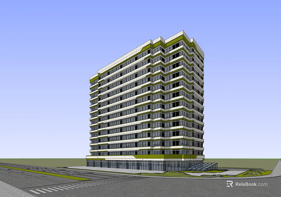 Modern Urban Office Building Exterior With Green Accents And Glass Facade 3d model 
