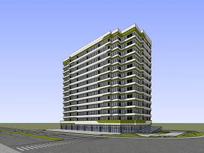 Modern Urban Office Building Exterior With Green Accents And Glass Facade 3d model