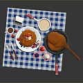 Breakfast Scene with Pancakes Milk Carton Cup Spatula Plaid Cloth and Strawberry Topping