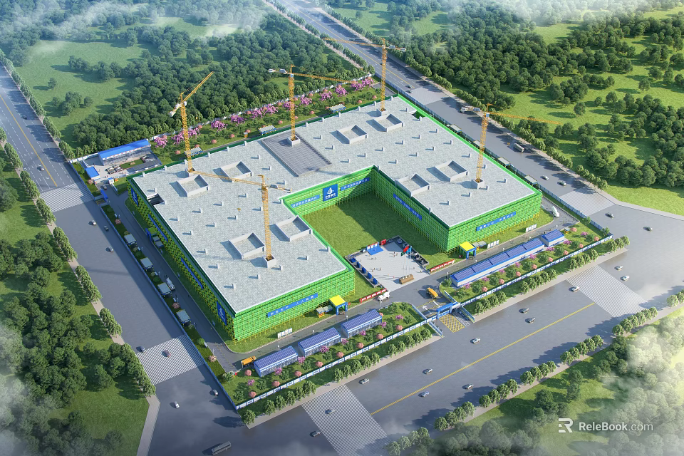 Road Infrastructure Construction Site With Surrounding Roads Vehicles Cranes And Green Trees 3d model 