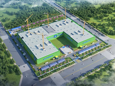 Road Infrastructure Construction Site With Surrounding Roads Vehicles Cranes And Green Trees 3d model