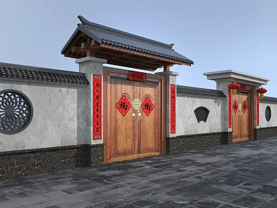 Chinese Style Entrance Gate with Wooden Doors Red Couplets Fu Characters Gray Walls Circular Windows 3d model