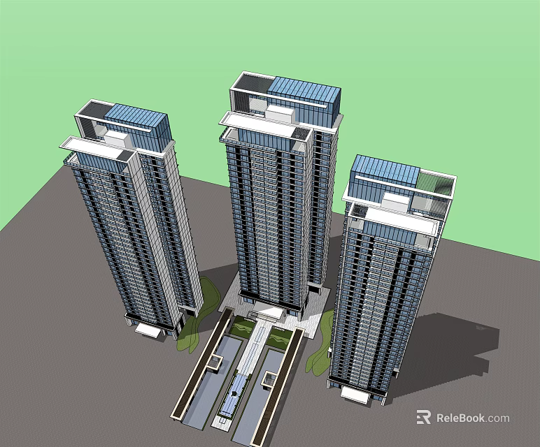 Modern High Rise Buildings With Top Design Central Road And Green Belts Layout 3d model 