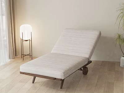 Modern Minimalist Lounge Chair With Light Colored Cushion Wooden Frame And Floor Lamp Potted Plant 3d model