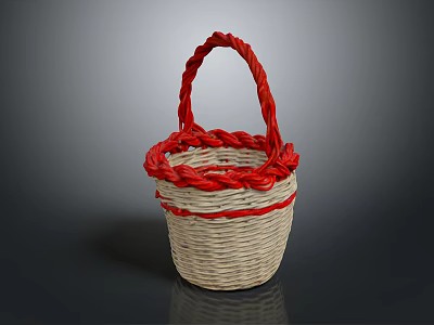 Light Woven Basket With Red Braided Handle And Red Rim On Dark Background 3d model