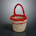 Light Woven Basket With Red Braided Handle And Red Rim On Dark Background