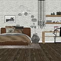 Cozy Double Bed In Modern Bedroom With Pillows White Brick Wall Wooden Floor Hanging Lights