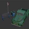 Outdoor Street Scene With Green Vintage Truck Wooden Bench Street Lamp And Trash Bin
