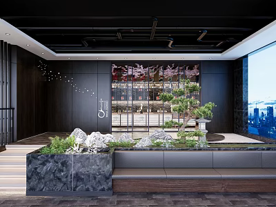 Modern Hotel Lobby Interior Design With Rockery Green Plants And Marble Countertop 3d model