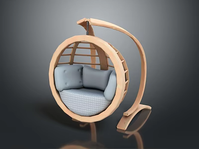 Wooden Round Hanging Chair With Gray Cushions And Modern Curved Frame Design 3d model