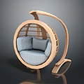 Wooden Round Hanging Chair With Gray Cushions And Modern Curved Frame Design