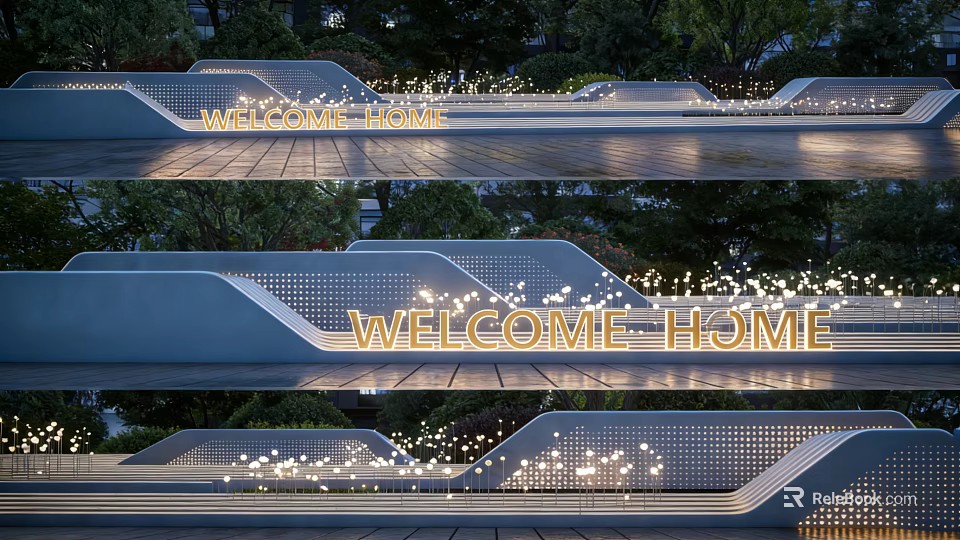 Modern Outdoor Feature Wall With Perforated Design And Illuminated Welcome Home Lettering 3d model 