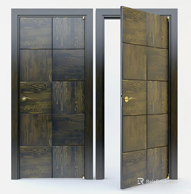 Wooden Hinged Doors With Natural Wood Grain Panel And Golden Door Handle 3d model 
