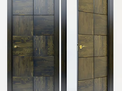 Wooden Hinged Doors With Natural Wood Grain Panel And Golden Door Handle 3d model