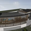 Modern Building Entrance With Wooden Canopy Stone Floor Water Pool And Glass Facade