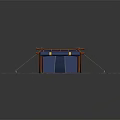 Blue Canvas Tent With Orange Wooden Poles Standing On Stone Ground With Green Plants
