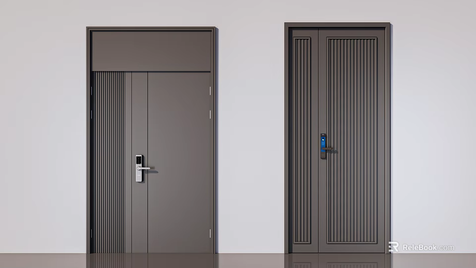 Modern Dark Gray Security Doors With Vertical Stripes And Smart Lock Design 3d model