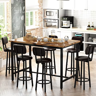Industrial style restaurant antique wood dining table and chair combination 3d model