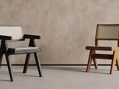 Stylish Dining Chairs With Dark Light Wood Frames Woven Backrests And Beige Wall Background 3d model