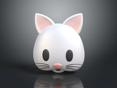 Cute 3D White Cartoon Cat Face With Pink Ears Black Eyes And Whiskers 3d model