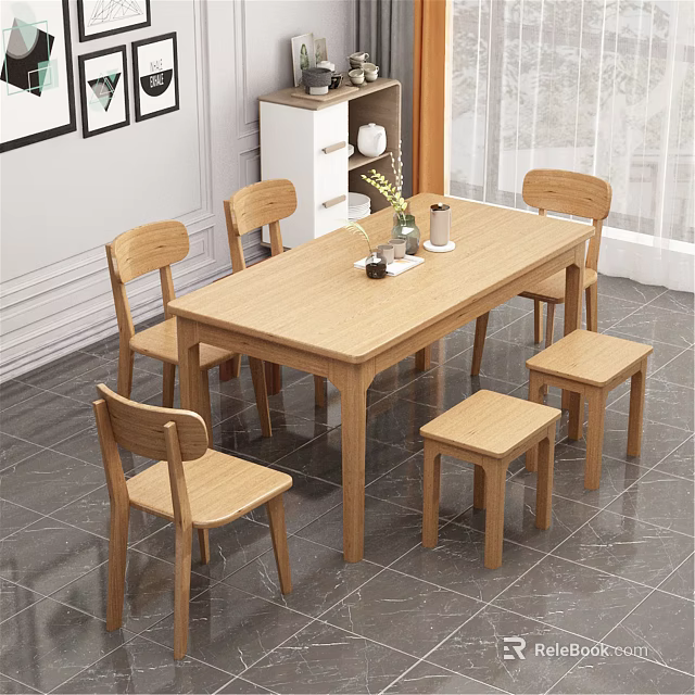 Modern Wooden Dining Table Set With Chairs Stools And Decorative Vase 3d model 