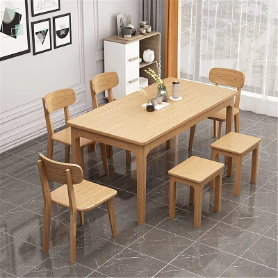 Modern Wooden Dining Table Set With Chairs Stools And Decorative Vase 3d model