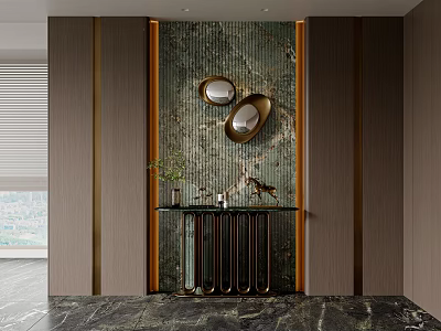 Modern Entryway Design With Green Marble Wall Gold Accents Console Table And Oval Mirrors 3d model
