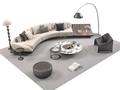 Curved Sofa and Marble Coffee Table Set with Throw Pillows Floor Lamp Armchair and Rug 3d model
