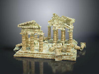 Ancient Temple Ruins Architectural Model With Stone Columns And Broken Walls 3d model