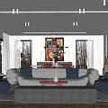 Modern Living And Dining Room Interior Design With Gray Sofa Red Chairs And Colorful Artwork