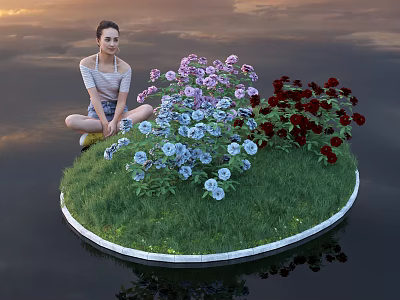 Woman Squatting By Purple Blue Red Flowers On Round Green Lawn With Sunset Sky Reflection 3d model