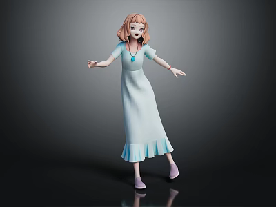 3D Girl With Orange Short Hair Light Blue Ruffled Dress Purple Shoes Dark Reflective Background 3d model