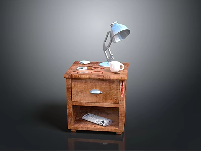 Wooden Nightstand With Blue Table Lamp White Cup Drawer And Magazine 3d model