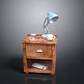 Wooden Nightstand With Blue Table Lamp White Cup Drawer And Magazine