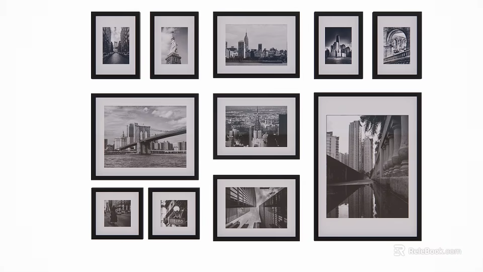 Modern Black And White Photo Wall With Various Sized Frames And Cityscape 3d model